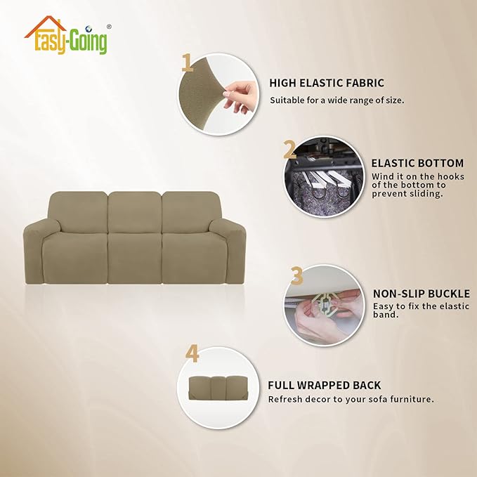 Easy-Going 8 Pieces Microfiber Stretch Sectional Recliner Sofa Slipcover Soft Fitted Fleece 3 Seats Couch Cover Washable Furniture Protector with Elasticity for Kids Pet(Recliner Sofa, Dark Linen)