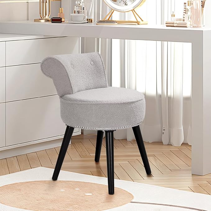 Sherpa Vanity Chair with Back Small Makeup Chair with Wood Legs Sherpa Vanity Stool Tufted Accent Chairs with Low Back Makeup Chair for Vanity for Women Girl and Kids (Grey)
