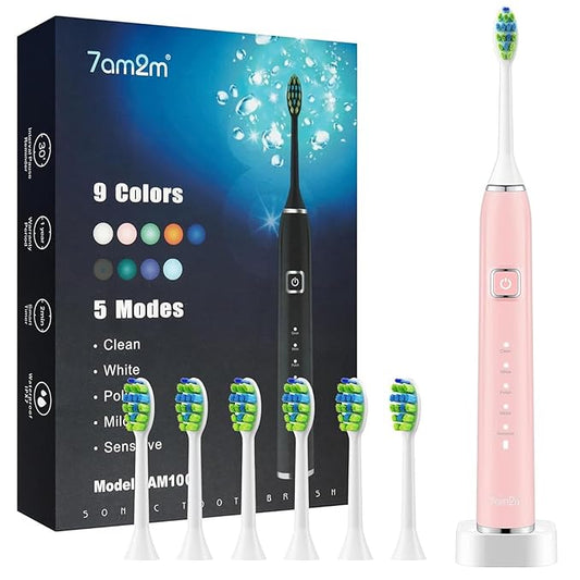 7AM2M Ultrasonic Electric Toothbrush with 6 Brush Heads for Adults&Kids, One Charge for 90 Days, Wireless Fast Charge, 5 Modes 40000VPM Powered Toothbrush, 2 Minutes Built in Smart Timer-Rose Pink