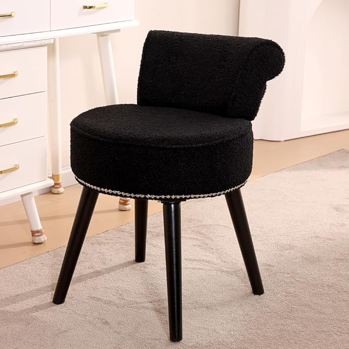 Sherpa Vanity Chair with Back Small Makeup Chair with Wood Legs Teddy Vanity Stool Tufted Accent Chairs with Low Back Makeup Chair for Vanity for Women Girl and Kids (Black)
