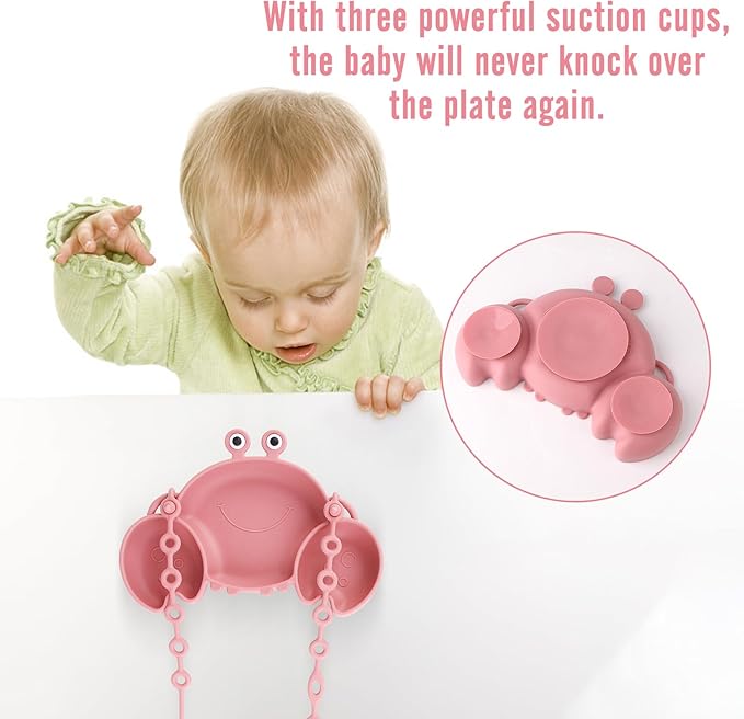 Silicone Baby Feeding Set, 8-Piece Baby Led Weaning Supplies Included Toddler Suction Plate, Bowl, Cup, 3 Spoons & 2 Safety Straps Keep Spoon, Fork & Bottle Off The Floor for Self-Feeding (Rose)