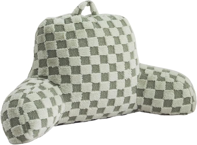 Aimuan Reading Pillow Checkered Bed Rest Wedge Backrest Checkerboard Pillow with Arms Back Support for Sitting Up in Bed Cushion Incline Rest Sleeping Snoring Pillow, Light Green
