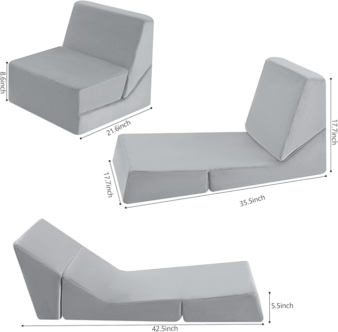 MeMoreCool Toddler Couch Fold Out Sofa Bed, Kids Lounge Chair Foldable Floor Lounger, 3-in-1 Folding Children Chair Bed, Pull Out Recliner for Toddlers 1-3, Grey