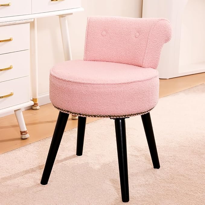 Sherpa Vanity Chair with Back Small Makeup Chair with Wood Legs Sherpa Vanity Stool Tufted Accent Chairs with Low Back Makeup Chair for Vanity for Women Girl and Kids (Pink)