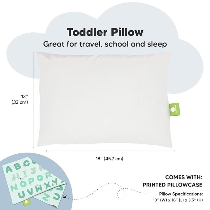 Toddler Pillow with Pillowcase - 13x18 My Little Dreamy Pillow, Organic Cotton Toddler Pillows for Sleeping, Kids Pillow, Travel Pillows, Mini Pillow, Nursery Pillow, Toddler Bed Pillow (KeaABC Mint)