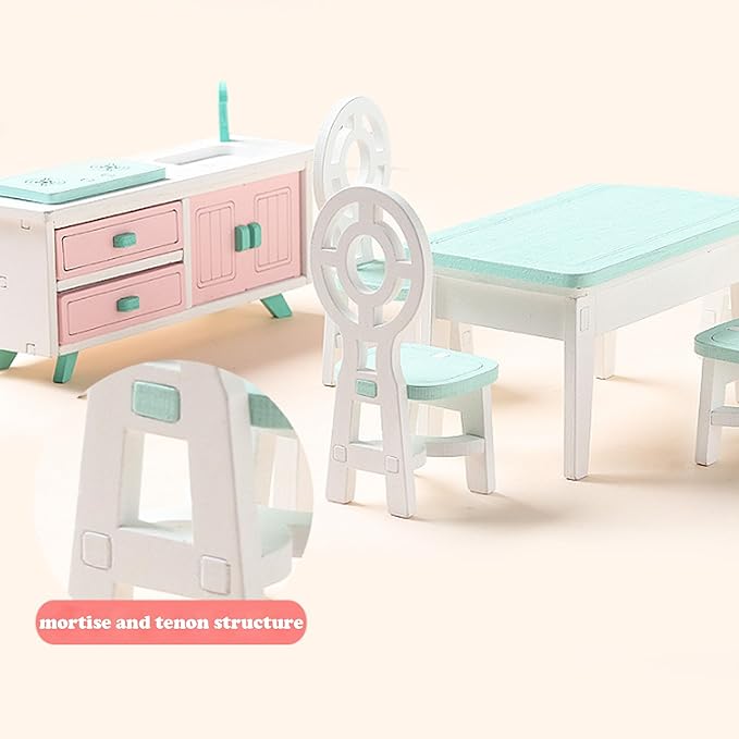 Wooden Dollhouse Furniture Set, Kitchen Dinning Room Set, Doll House Furniture of Table Chair, Birthday Gifts for Girls Boys (Dinning Room)