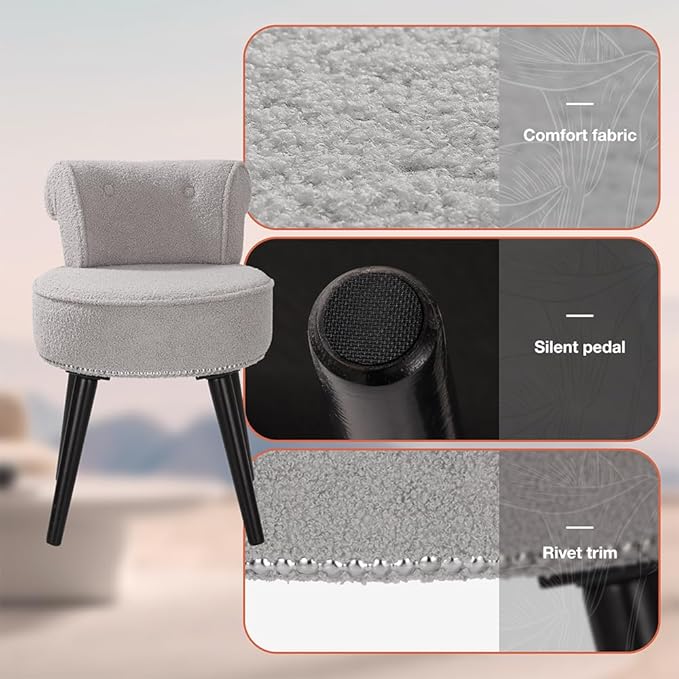 Sherpa Vanity Chair with Back Small Makeup Chair with Wood Legs Sherpa Vanity Stool Tufted Accent Chairs with Low Back Makeup Chair for Vanity for Women Girl and Kids (Grey)