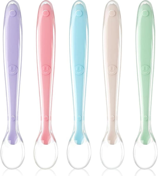 Vicloon Baby Silicone Spoons, 5 PCS Baby Training Feeding Spoons for First Stage 4 Months Toddlers Infants, Baby Utensils Feeding Supplies, Soft Tip BPA Free Gum-Friendly Dishwasher Boil-Proof