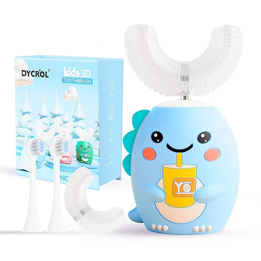 Kids U Shaped Electric Toothbrush with 4 Brush Heads, Sonic Toothbrush Kids with 5 Modes, Cartoon Dinosaur 360-Degree Cleaning IPX7 Waterproof Design (6-12 Age (Blue))