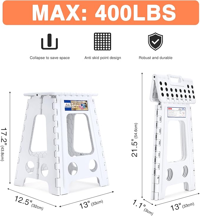 ACKO 6pack Folding Step Stool 17.5 Inch Stool 400 LB Weight Capacity Plastic Foldable Step Stools for Adults and Kids, Folding Stool Suitable for Kitchen, Stepping Stool with Handle White Step Stool