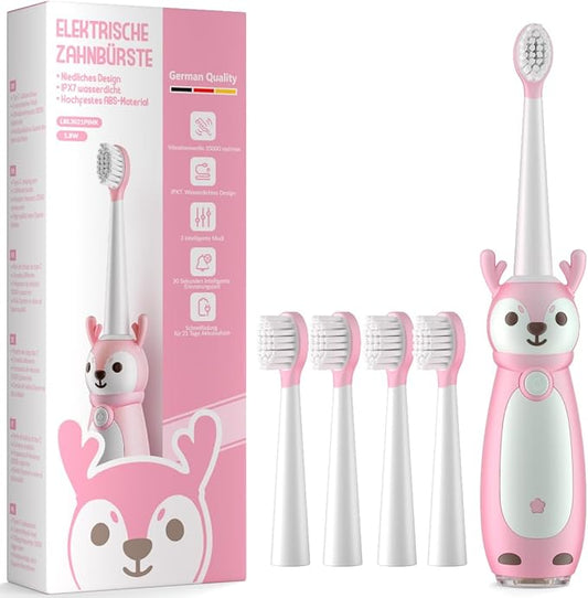Kids Sonic Electric Toothbrush for Ages 3+, IPX7 Waterproof, 3 Smart Modes with Memory,Includes 4 Replacement Brush Heads, Pink