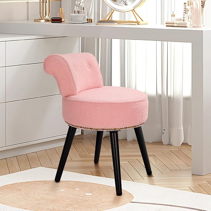 Sherpa Vanity Chair with Back Small Makeup Chair with Wood Legs Sherpa Vanity Stool Tufted Accent Chairs with Low Back Makeup Chair for Vanity for Women Girl and Kids (Pink)