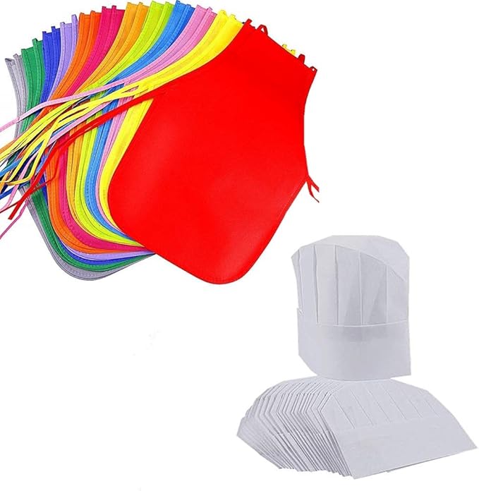 16 Pieces Children Kids Art Smock Painting Aprons & Chef Hats for Kitchen, Classroom, Community Event, Crafts and Art Painting Activity,Kid's Size(M 2-9 Year)