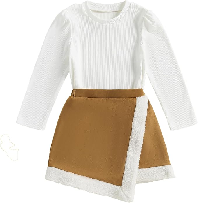 Fernvia Toddler Baby Girl Fall Winter Skirt Set Turtleneck Ribbed Long Sleeve T-Shirt Top & Plaid Skirts Dress 2Pcs Outfits