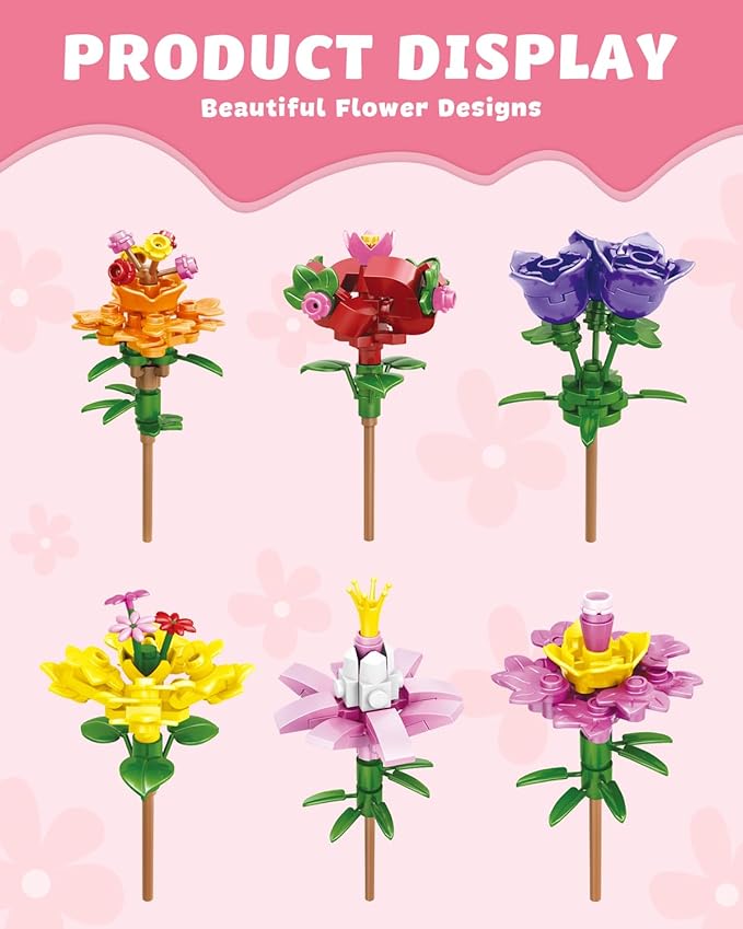 24 Pack Valentine's Flower Bouquets Building Blocks - Ideal for Kids Classroom Exchange, Party Favors, and School Gifts, includes Greeting Cards & Variety Designs for Boys and Girls