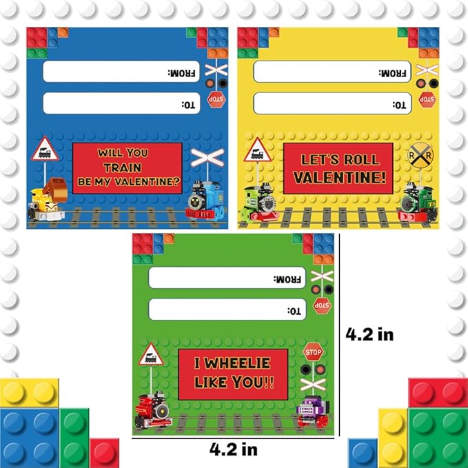 24 Packs Train Building Blocks with Valentines Gift Cards, 6 in 1 Train Building Blocks Sets for Boys Girls Goodie Bags Carnival Prizes Birthday Supplies, Classroom Exchange Prize, Valentine Party