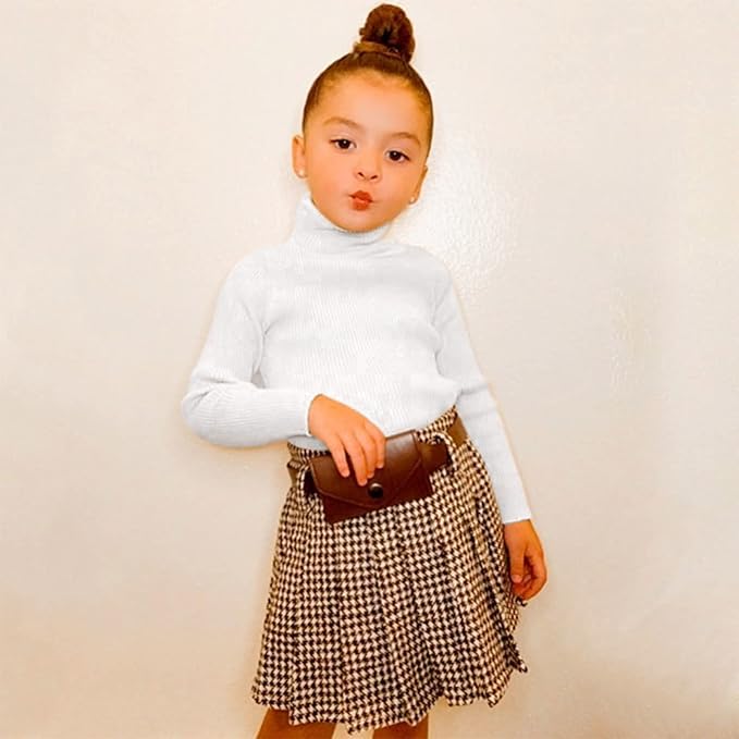 Fernvia Toddler Baby Girl Fall Winter Skirt Set Turtleneck Ribbed Long Sleeve T-Shirt Top & Plaid Skirts Dress 2Pcs Outfits