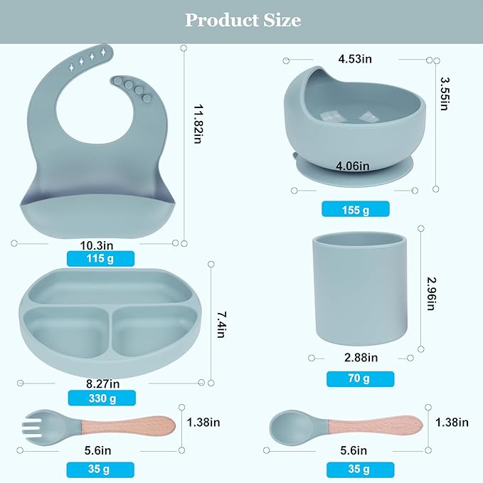 Silicone Baby Feeding Set|6 pcs Premium BPA-Free Baby Led Weaning Supplies with large Suction Baby Plates and Bowls Set,Infant Spoon,Bibs,Cup|Baby Eating Utensils for 6+ Months (Blue)