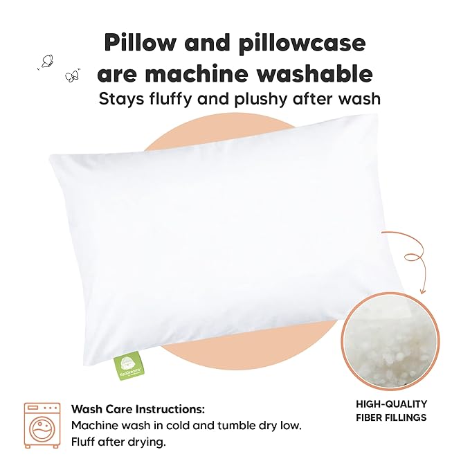 Toddler Pillow with Pillowcase - 13x18 My Little Dreamy Pillow, Organic Cotton Toddler Pillows for Sleeping, Kids Pillow, Travel Pillows, Mini Pillow, Nursery Pillow, Toddler Bed Pillow (Soft White)