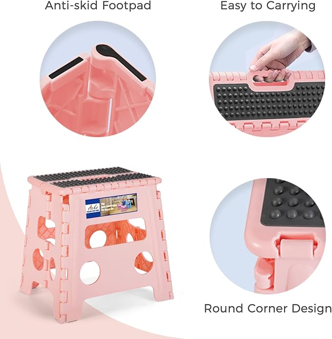 ACKO Folding Step Stool 13 Inch Stool Heavy Duty Plastic Foldable Step Stools for Kids, Stepping Stool with Handle, Folding Stool Suitable for Kitchen Hold Up to 300 LB (Sakura Pink 1PC)