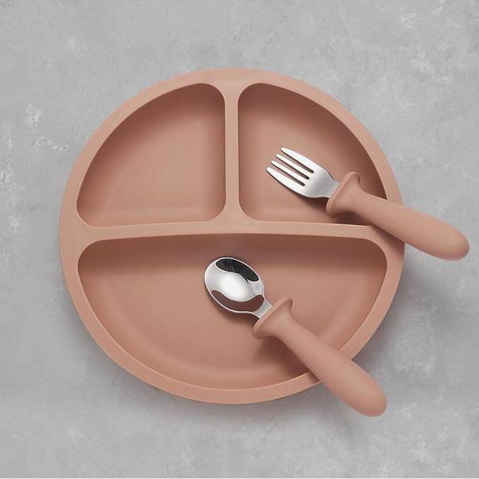Silicone Baby Feeding Set, 2 Pack Divided Suction Plates for Baby, 2 Pack Spoons and Forks Set Baby Eating Essentials, Feeding Supplies for Toddler Utensils, BPA Free