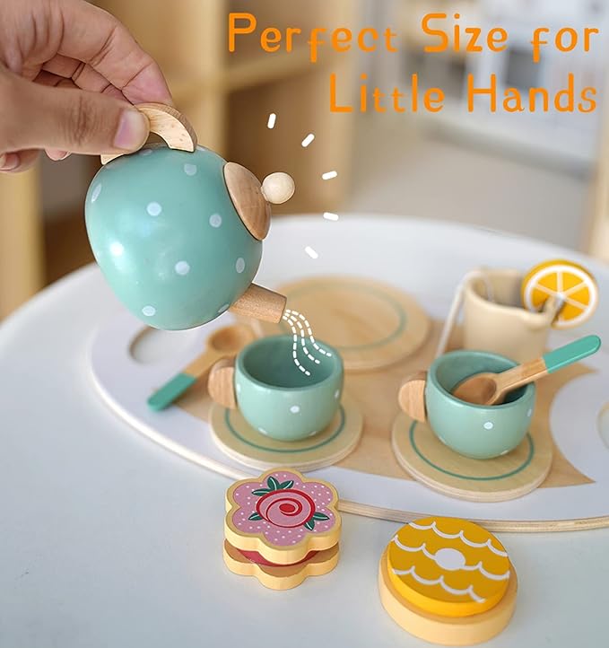 Wooden Tea Party Set for Little Girls Toys, Pretend Play Kids Tea Set for Toddlers Wood Toys, Wooden Play Food Kitchen Accessories Sets for Kid