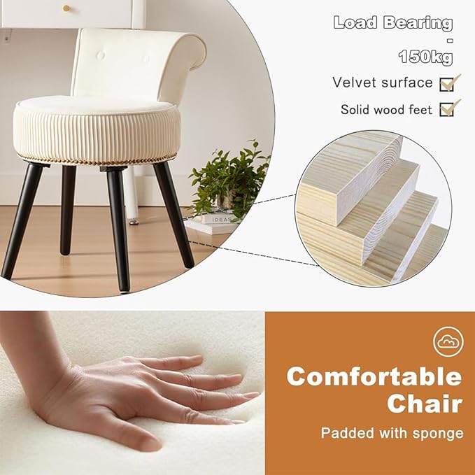 Vanity Stool with Back - Vanity Chair with Back Small Chair for Vanity Makeup Vanity Chair Velvet Vanity Stool Chair Tufted Accent Chairs Makeup Chair for Vanity for Women Girls and Kids