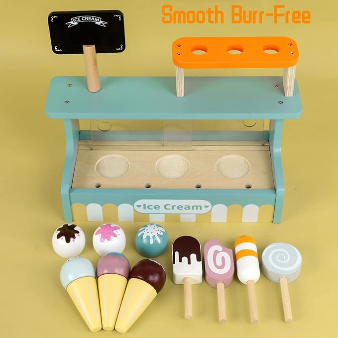 Wooden Ice Cream Toy Play Set, Ice Cream Truck Shop Stand Toys for Toddlers, Montessori Play Kitchen Accessories Wooden Food Set for Kids, Pretend Play for Toddlers