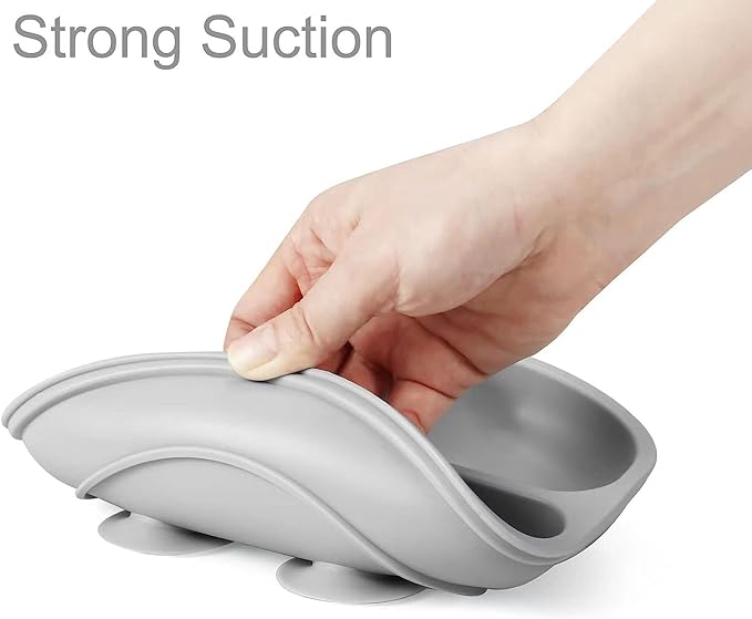 PandaEar Silicone Baby Feeding Set| 2 Pack Silicone Divided Suction Plate with 2 Pack Spoons | Baby Led Weaning Supplies Self Feeding Eating Utensils (Green/Grey)