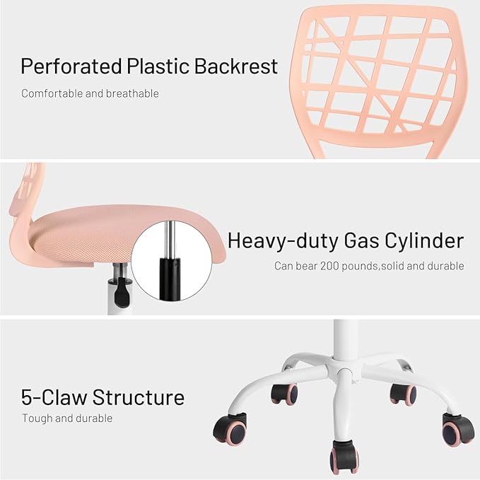 FurnitureR Kids Desk Chair, Small Office Chair Armless Study Chair, Cute Chic Adjsutable Swivel Rolling Task Chair with Soft Cushion for Kids Teens Children Student, Rose