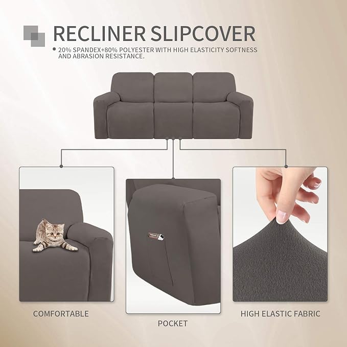 Easy-Going 8 Pieces Microfiber Stretch Sectional Recliner Sofa Slipcover Soft Fitted Fleece 3 Seats Couch Cover Washable Furniture Protector with Elasticity for Kids Pet(Recliner Sofa, Taupe)