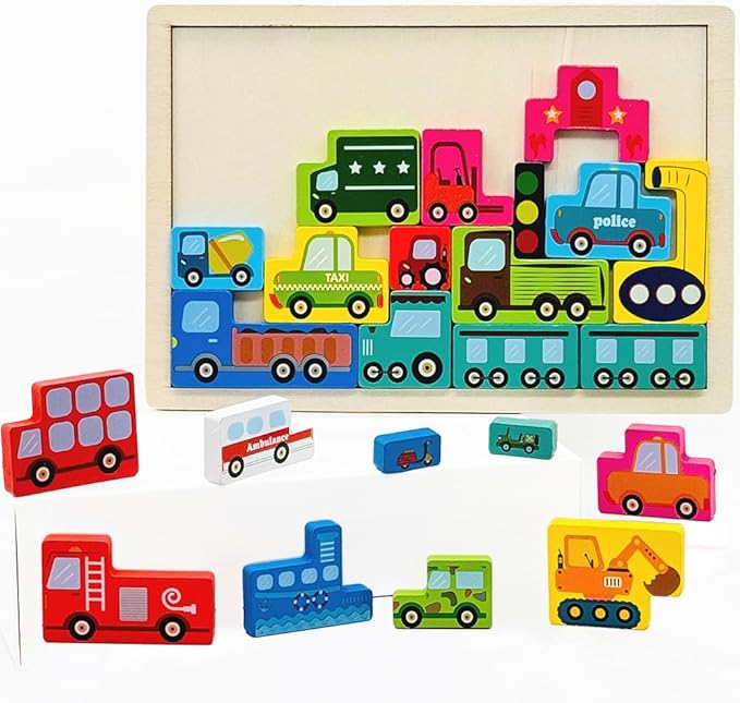 Wooden Blocks Puzzle Russian Blocks for Kids Age 3 4 5 Years Old, Children's Puzzle Game Board Learning Education Montessori Toddler Puzzle Wooden Toys for Kids Birthday Party Gift (Vehicle)