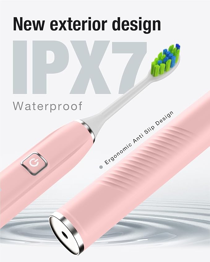 7AM2M Sonic Electric Toothbrush with 6 Brush Heads for Adults&Kids, One Charge for 120 Days, Wireless Fast Charge, 5 Modes, 40000VPM Powered Toothbrush, 2 Minutes Built in Smart Timer (Pink)