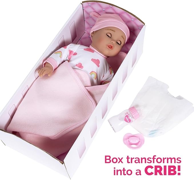 ADORA Rainbow Hugs Doll Set, 13 Inch Baby Doll with Crib Box, Rainbow Print Onesie, Beanie, Pacifier, Diaper, Milk Bottle, and Blanket, for Kids Ages 3 and Up