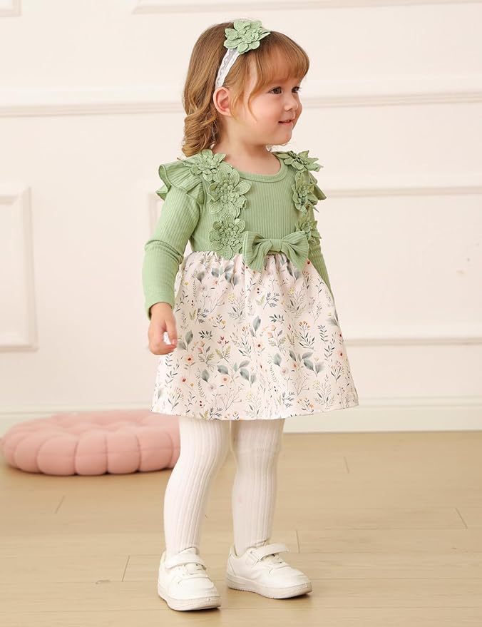 Baby Girl Dress Fall Flower Ruffle with Lace Headband Toddler Girls 3M-3T Infant Dresses Winter Baby Girl Clothes