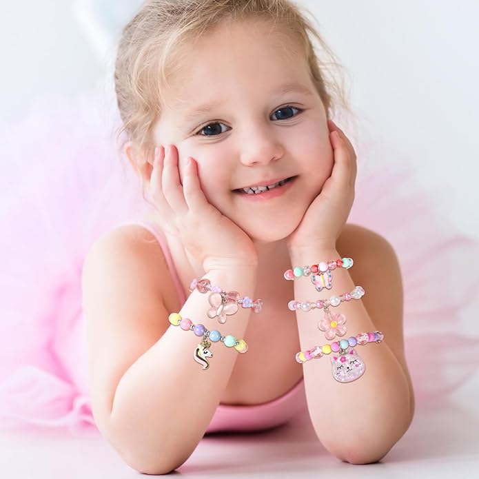 5 Pieces Colorful Girls Unicorn Bracelets Rainbow Beaded Bracelet for Birthday Party Favors Flower Friendship Bracelet Jewelry Little Girls Toddler Costume Butterfly Jewelry