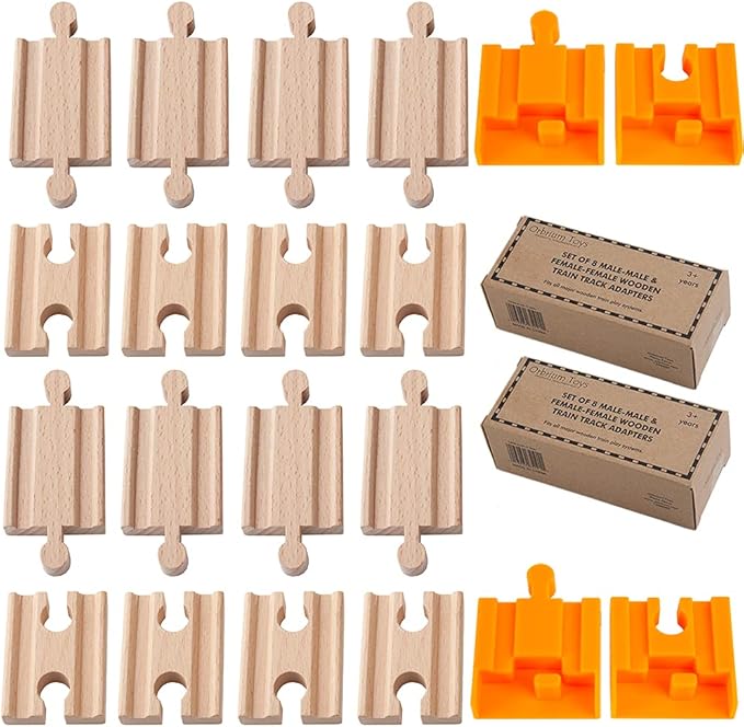 Orbrium 8 + 2 Exclusive Bonus Pcs Wooden Train Track Male-Male Female-Female Adapter Pack Compatible with Thomas Brio Chuggington Wood Track (8 Pcs) (16X Adapters + 4 Connectors to Thiomas Tracks)