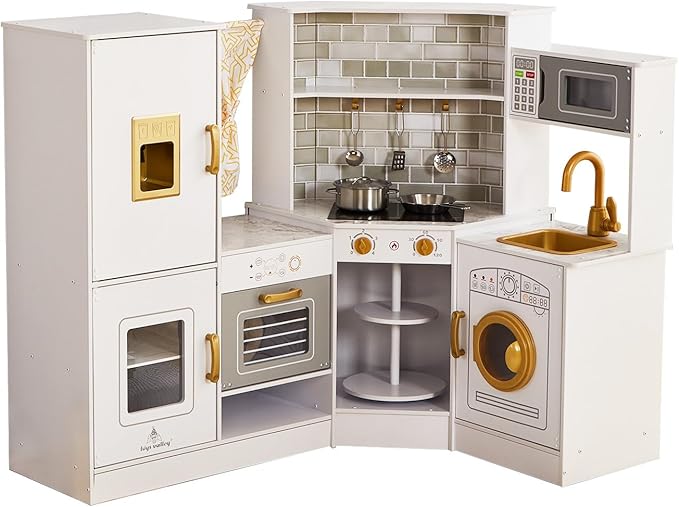 Kids Corner Play Kitchen Set, Wooden Pretend Play Kitchen with Metal Utensils Accessories, Fridge, Sink, Burner, Laundry Playset, Microwave Oven, Cake Turntable, Gifts for Ages 3-8