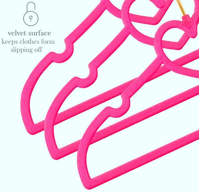 Kids Velvet Hangers 50 Pack, 12.8 Inch Non Slip Childrens Hangers, 360° Swivel Rose Gold Hook, Ultra Thin Space Saving Toddler Hangers - Baby Hangers for Closet (Hot Pink)