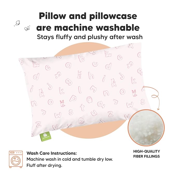 Toddler Pillow with Pillowcase - 13x18 My Little Dreamy Pillow, Organic Cotton Toddler Pillows for Sleeping, Kids Pillow, Travel Pillows,Mini Pillow,Nursery Pillow,Toddler Bed Pillow (ABC Land Rose)