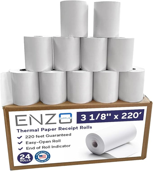 3 1/8'' x 220 Premium USA Made Thermal Rolls | BPA-Free Compatible with 60+ Printer Models, Crisp Black Images, POS Cash Register Suitable, Precisely Engineered Fit Pack of (24)
