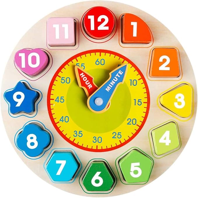 Skrtuan Wooden Shape Color Sorting Clock- Teaching Time Number Blocks Clock Shape Sorting Puzzle Montessori Early Learning Educational Toy Gift for 1 2 3 Year Old Toddler Baby Kids