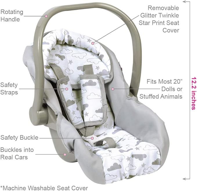Adora Baby Doll Car Seat Carrier, with Removable Seat Cover - Machine Washable, Fits Most Dolls & Plush Animals Up to 20”, Birthday Gift for Children Ages 2+ - Twinkle Stars (Gray Handle)