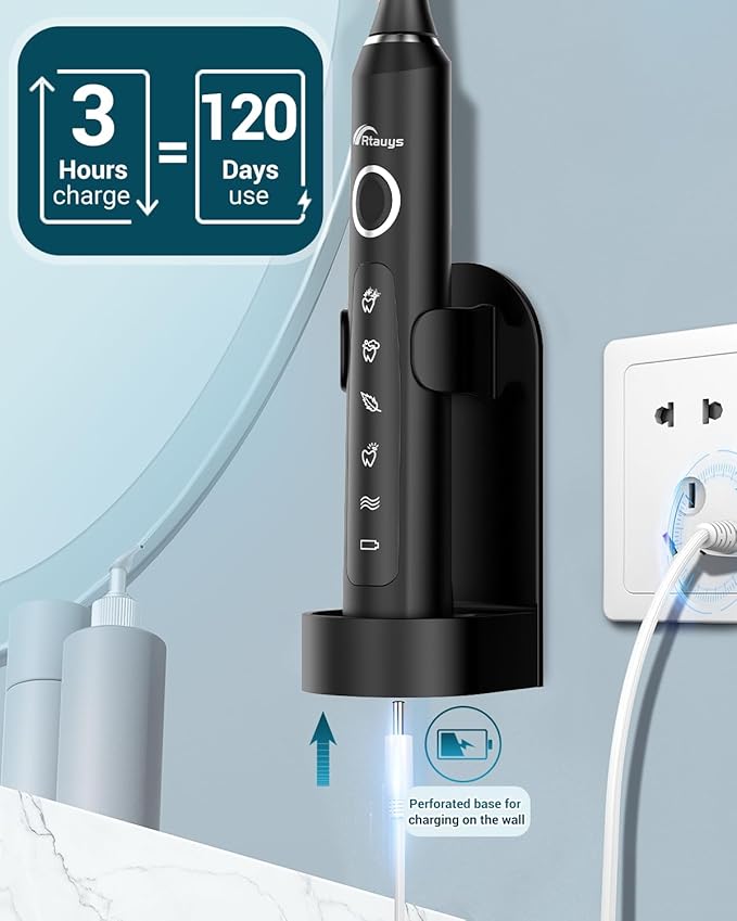 Rtauys M5 Sonic Electric Toothbrush for Adults and Kids - Rechargeable Electric Toothbrush with Electric Toothbrush Cover, 8 Brush Heads & Travel Case, 120 Days Battery Life - BlackSilver