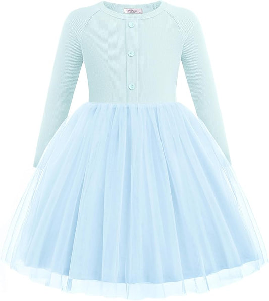 Arshiner Toddler Girls Tutu Dress Long Sleeve Fall Winter Button Front Party Tulle Dresses 2-8Y