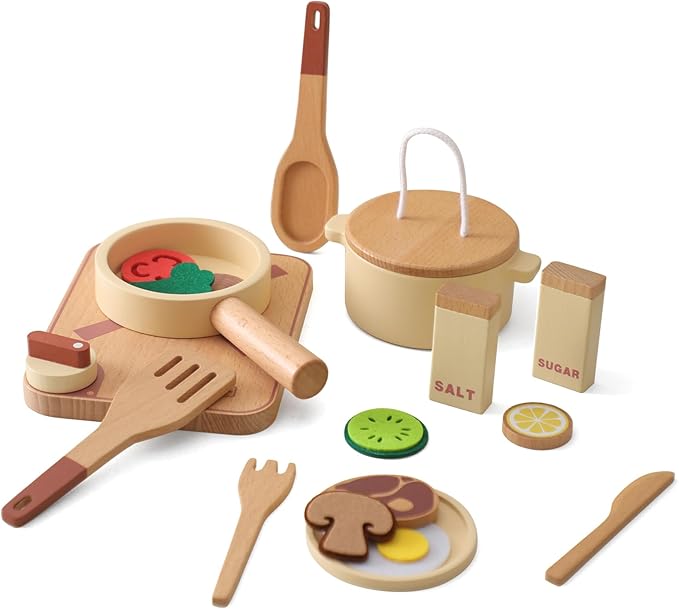 OESSUF Kitchen Set for Kids Wooden Play Kitchen Accessories Toddler Pretend Baking Cooking Playset, Cookware Utensils Learning Toys with Play Pots and Pans, Montessori Toy Gift Sets for Kids