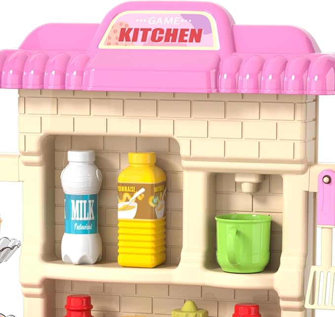 Kids Play Kitchen Playset for Toddlers Girls, Toy Kitchen Sets Pretend Play Food Toy with Chair for Girls Kids Ages 3-8, with Light Sound Spray
