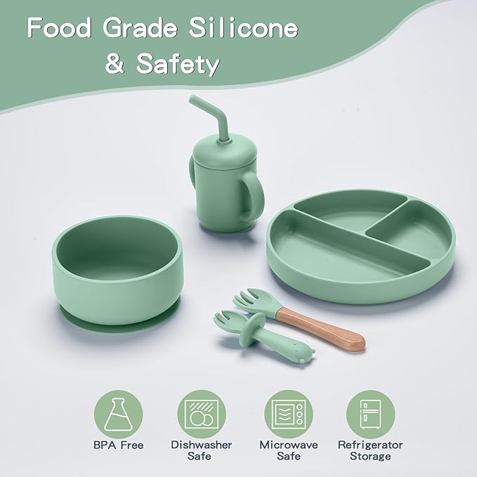 Silicone Baby Feeding Set,13PCS Baby Feeding Essentials with Suction Bowl and Plate,Spoons & Forks,Bib & Cup,Baby Toothbrush,Baby Led Weaning Supplies for 6+ Months,Baby Eating Essentials(Light Green)