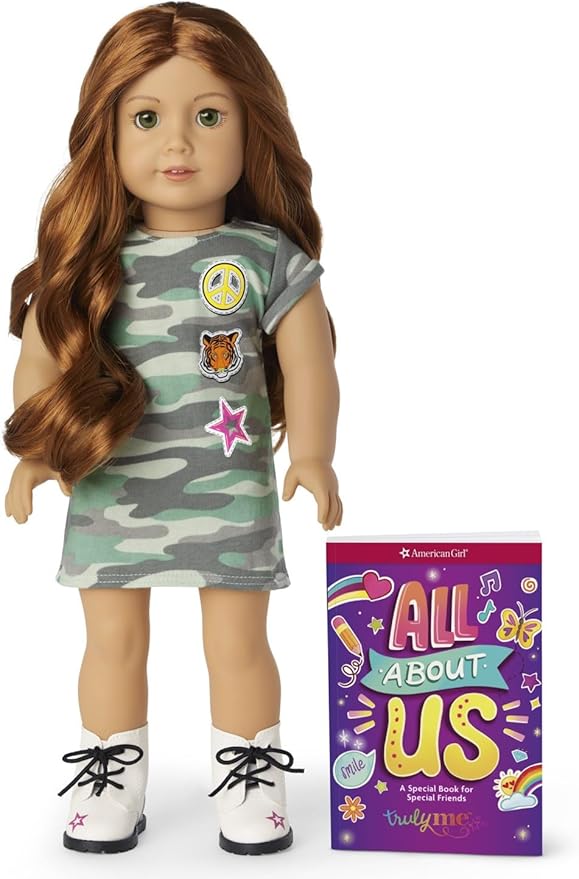 American Girl Truly Me 18-inch Doll #103 with Green Eyes, Red Hair, Light-to-Medium Skin, Camo T-shirt Dress, For Ages 6+