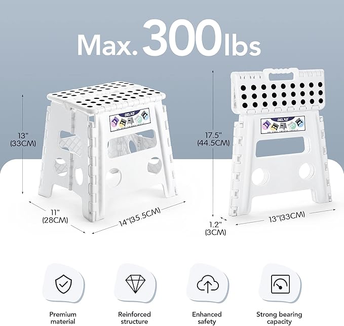 Delxo 13" Folding Step Stool for Kids and Adults, Non-Slip Foldable Step Stools with Handle,Plastic Portable Folding Stool for Bathroom,Bedroom,Kitchen,Hold up to 300lbs White
